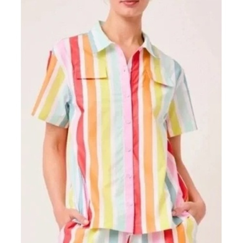 LAKE Atlantic Pacific Sadie Cotton‎ Striped Short Sleeve Pajama Sleep Top Large